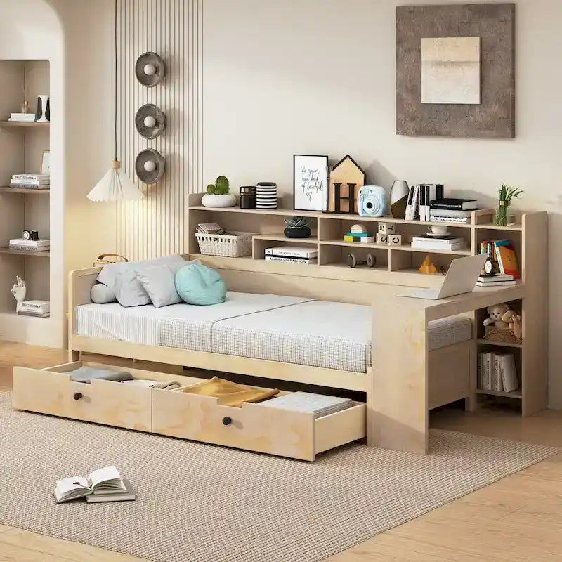 Lit de repos multifonctionnel en bois avec étagères de rangement, 2 tiroirs de rangement et bureau d'étude