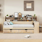 Lit de repos multifonctionnel en bois avec étagères de rangement, 2 tiroirs de rangement et bureau d'étude