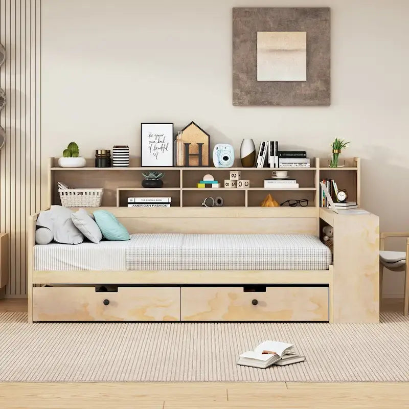 Lit de repos multifonctionnel en bois avec étagères de rangement, 2 tiroirs de rangement et bureau d'étude