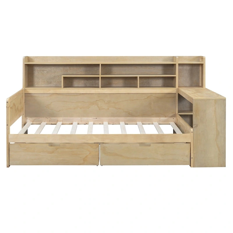 Lit de repos multifonctionnel en bois avec étagères de rangement, 2 tiroirs de rangement et bureau d'étude