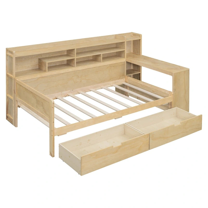 Lit de repos multifonctionnel en bois avec étagères de rangement, 2 tiroirs de rangement et bureau d'étude