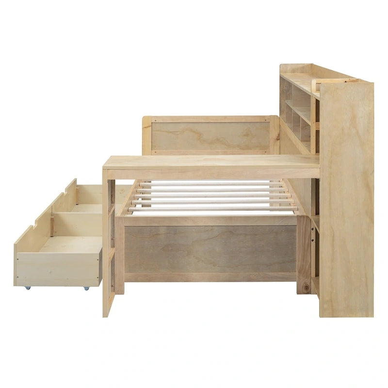 Lit de repos multifonctionnel en bois avec étagères de rangement, 2 tiroirs de rangement et bureau d'étude