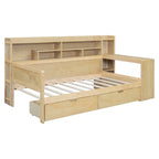 Lit de repos multifonctionnel en bois avec étagères de rangement, 2 tiroirs de rangement et bureau d'étude