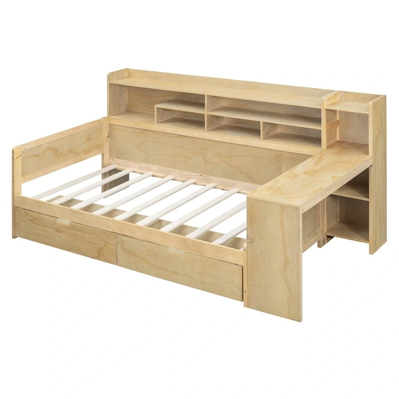 Lit de repos multifonctionnel en bois avec étagères de rangement, 2 tiroirs de rangement et bureau d'étude