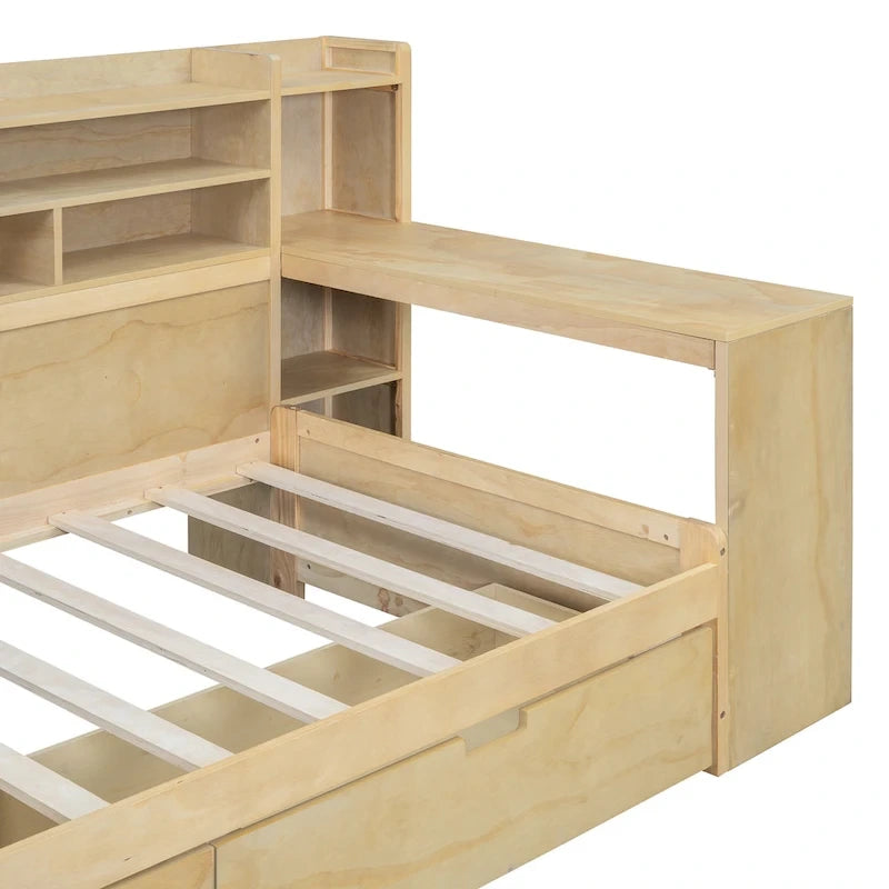 Lit de repos multifonctionnel en bois avec étagères de rangement, 2 tiroirs de rangement et bureau d'étude