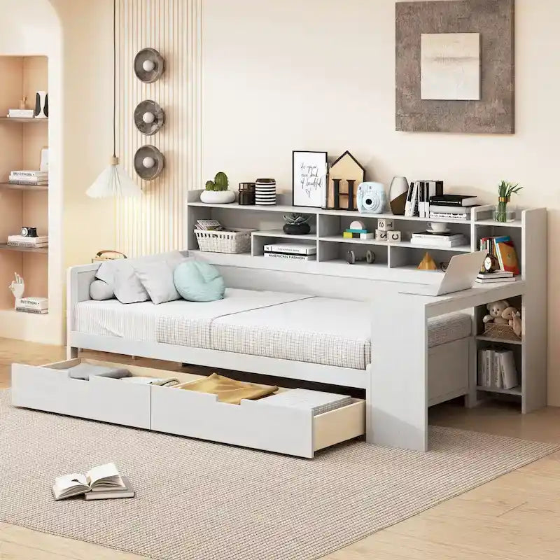 Lit de repos multifonctionnel en bois avec étagères de rangement, 2 tiroirs de rangement et bureau d'étude