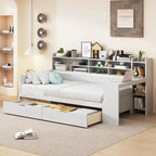 Lit de repos multifonctionnel en bois avec étagères de rangement, 2 tiroirs de rangement et bureau d'étude