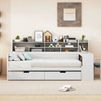 Lit de repos multifonctionnel en bois avec étagères de rangement, 2 tiroirs de rangement et bureau d'étude