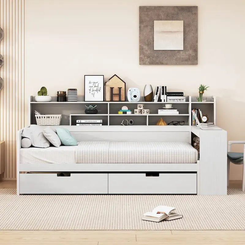 Lit de repos multifonctionnel en bois avec étagères de rangement, 2 tiroirs de rangement et bureau d'étude