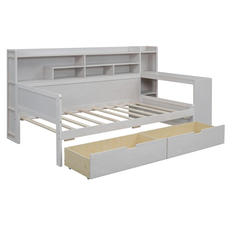 Lit de repos multifonctionnel en bois avec étagères de rangement, 2 tiroirs de rangement et bureau d'étude