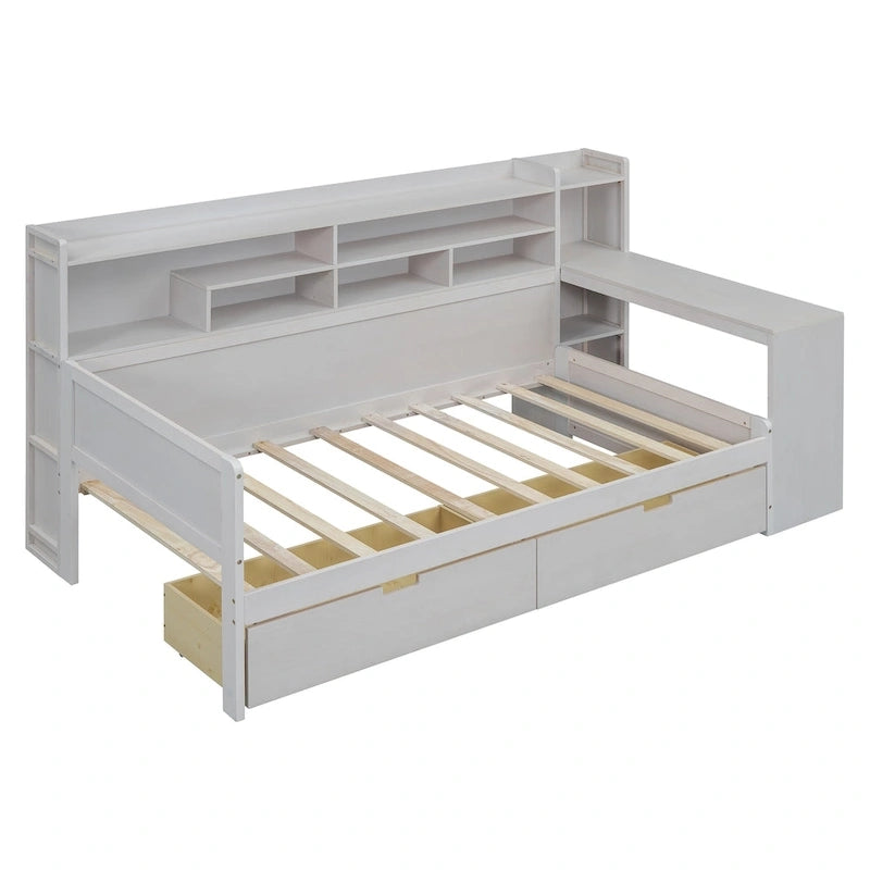 Lit de repos multifonctionnel en bois avec étagères de rangement, 2 tiroirs de rangement et bureau d'étude