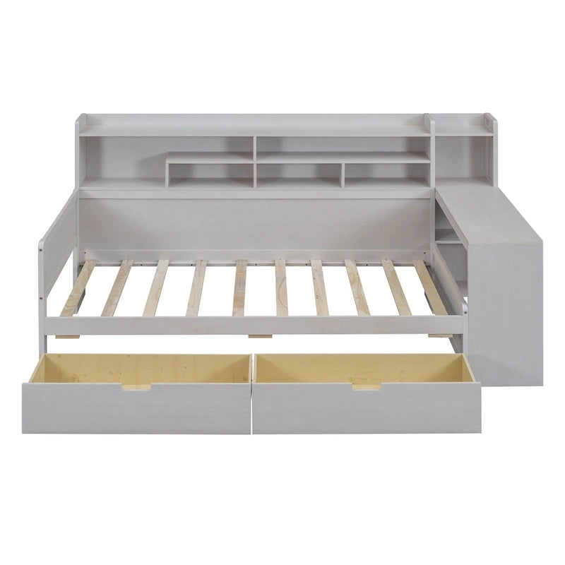 Lit de repos multifonctionnel en bois avec étagères de rangement, 2 tiroirs de rangement et bureau d'étude