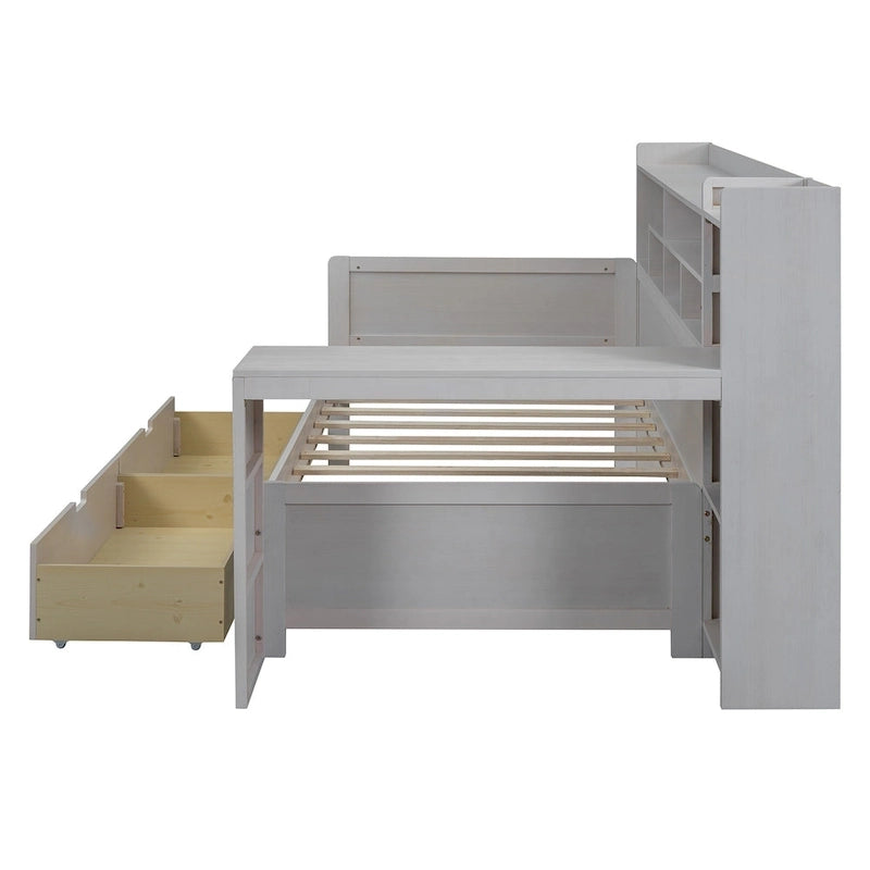 Lit de repos multifonctionnel en bois avec étagères de rangement, 2 tiroirs de rangement et bureau d'étude