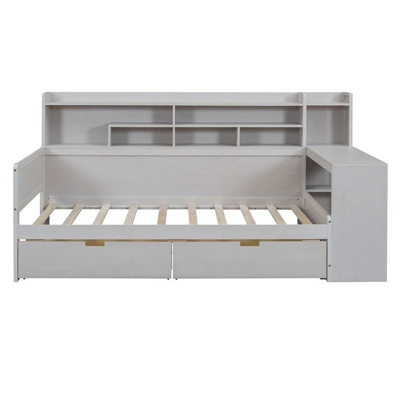 Lit de repos multifonctionnel en bois avec étagères de rangement, 2 tiroirs de rangement et bureau d'étude