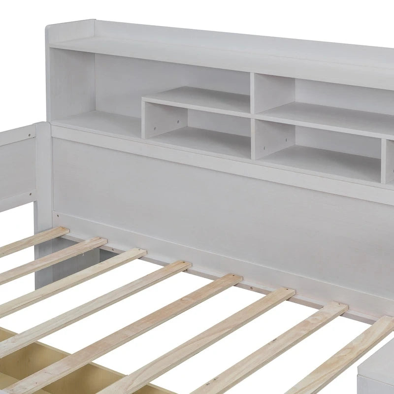 Lit de repos multifonctionnel en bois avec étagères de rangement, 2 tiroirs de rangement et bureau d'étude