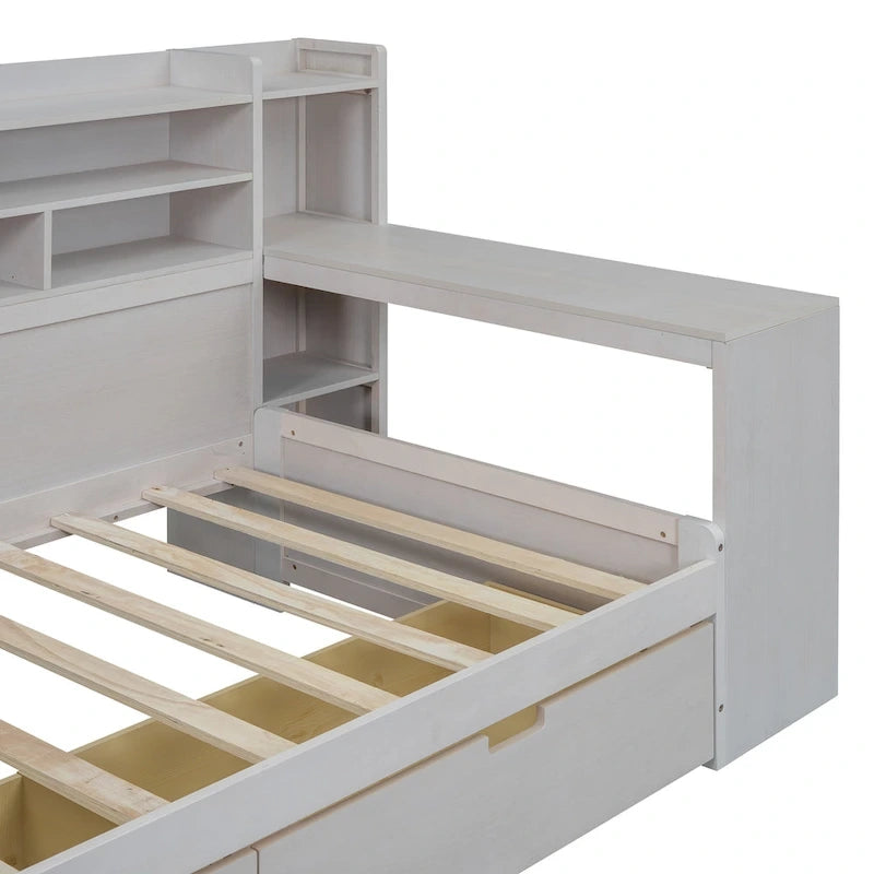 Lit de repos multifonctionnel en bois avec étagères de rangement, 2 tiroirs de rangement et bureau d'étude