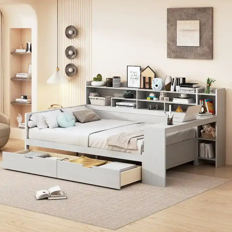 Lit de repos multifonctionnel en bois avec étagères de rangement, 2 tiroirs de rangement et bureau d'étude