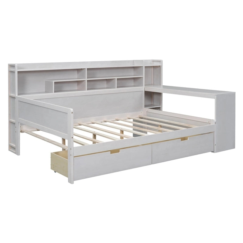 Lit de repos multifonctionnel en bois avec étagères de rangement, 2 tiroirs de rangement et bureau d'étude