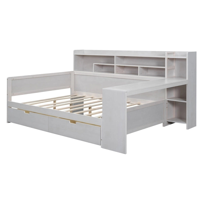 Lit de repos multifonctionnel en bois avec étagères de rangement, 2 tiroirs de rangement et bureau d'étude