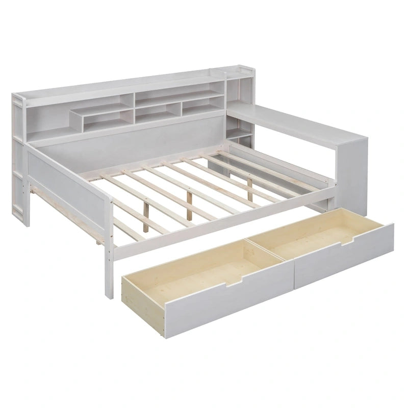 Lit de repos multifonctionnel en bois avec étagères de rangement, 2 tiroirs de rangement et bureau d'étude