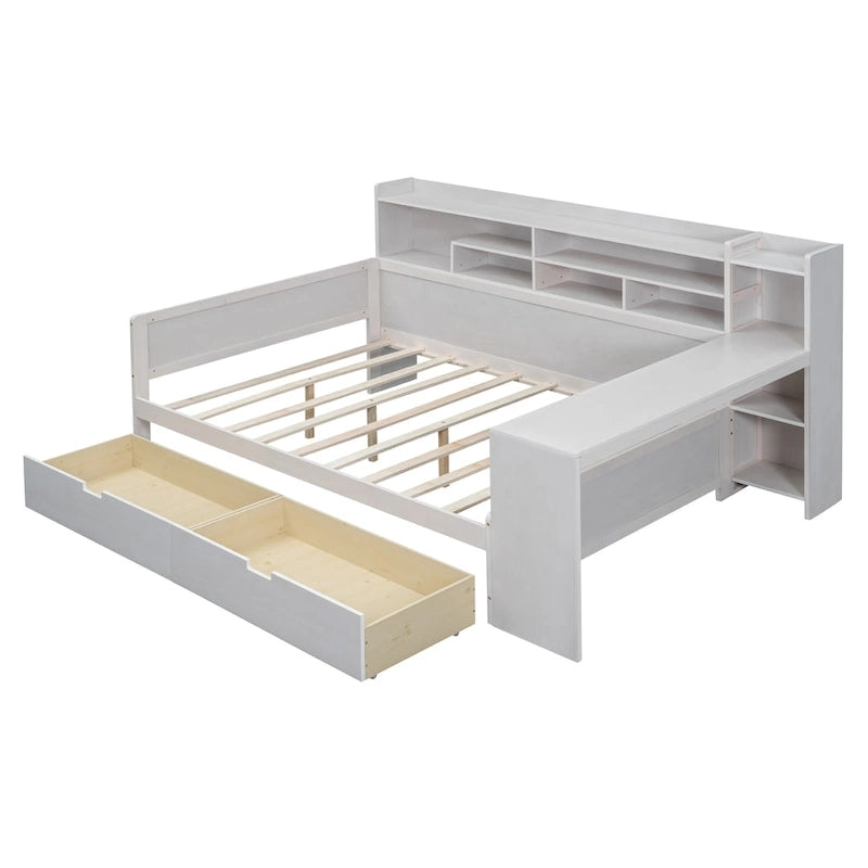 Lit de repos multifonctionnel en bois avec étagères de rangement, 2 tiroirs de rangement et bureau d'étude