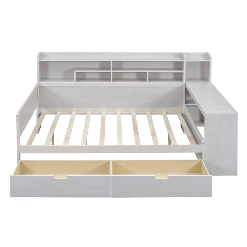 Lit de repos multifonctionnel en bois avec étagères de rangement, 2 tiroirs de rangement et bureau d'étude