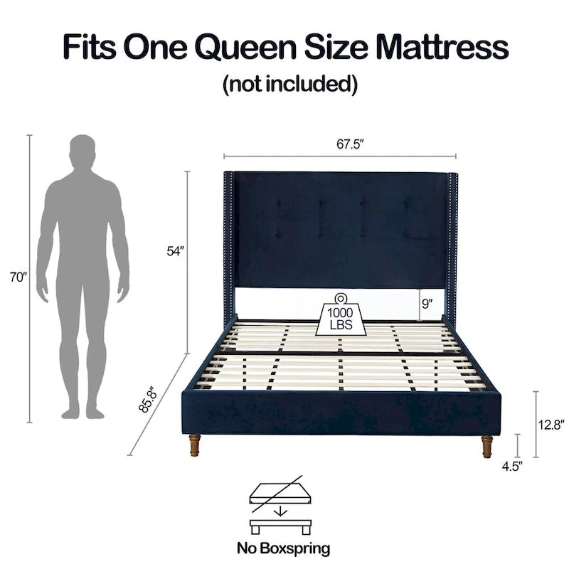 Lit Queen/King capitonné avec tête de lit haute de 54 po (aucun sommier requis)