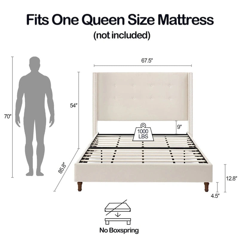 Lit Queen/King capitonné avec tête de lit haute de 54 po (aucun sommier requis)