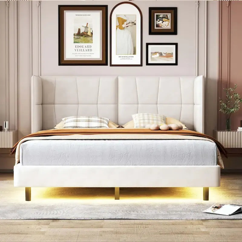 Lit plateforme capitonné avec lumières LED et tête de lit en U