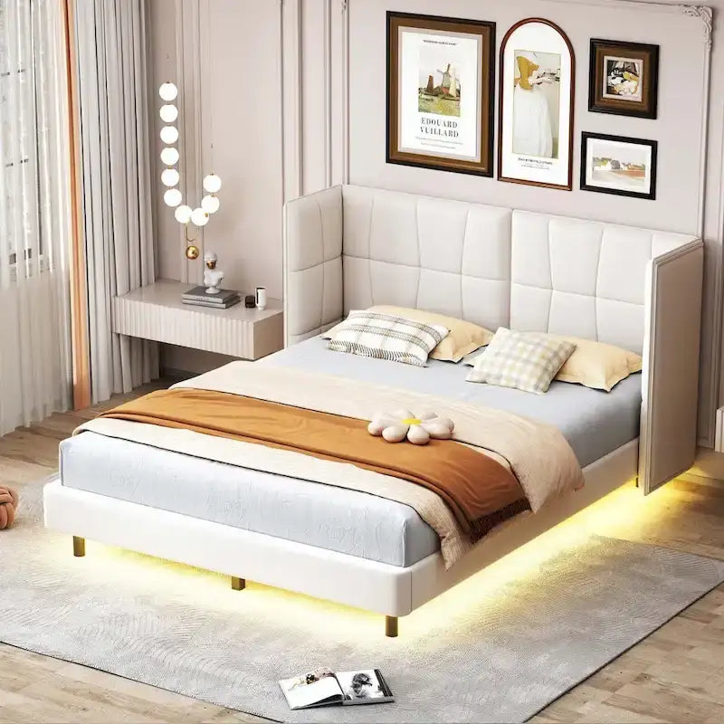 Lit plateforme capitonné avec lumières LED et tête de lit en U