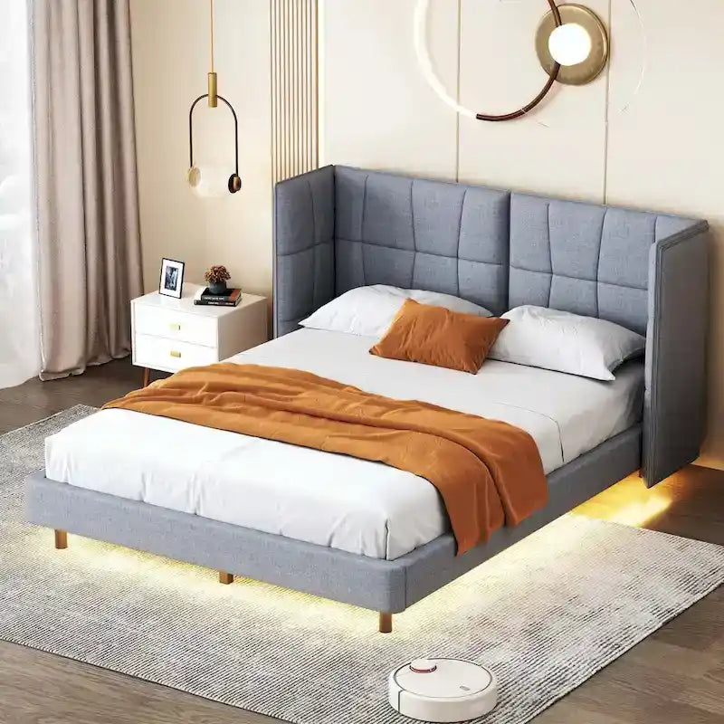 Lit plateforme capitonné avec lumières LED et tête de lit en U