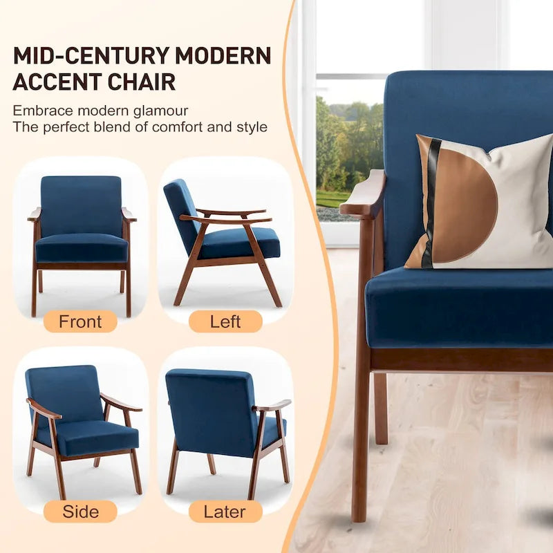 Fauteuil d'appoint Mid-Century Modern avec cadre en bois massif, lot de 1