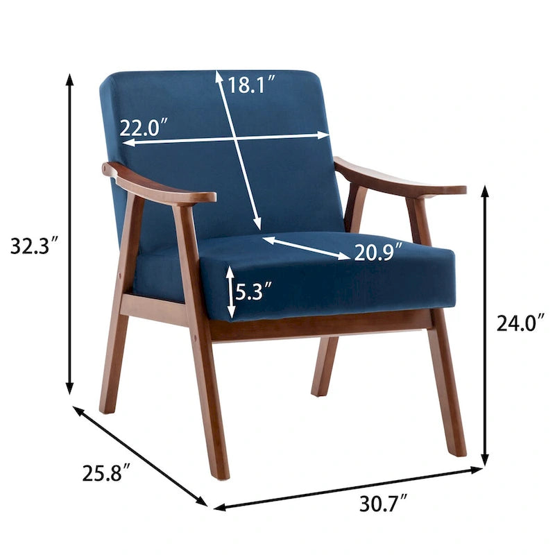 Fauteuil d'appoint Mid-Century Modern avec cadre en bois massif, lot de 1