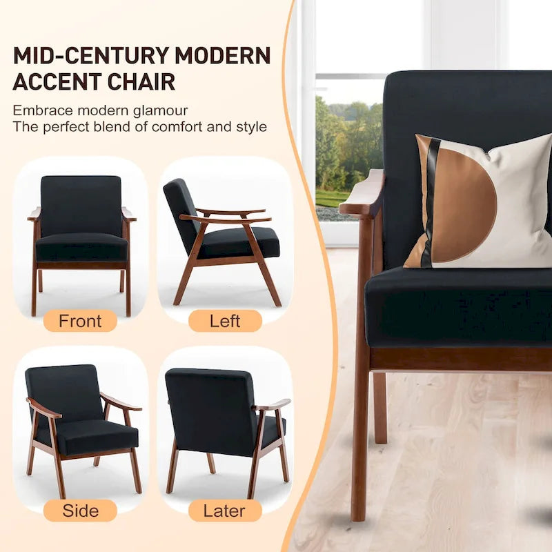 Fauteuil d'appoint Mid-Century Modern avec cadre en bois massif, lot de 1
