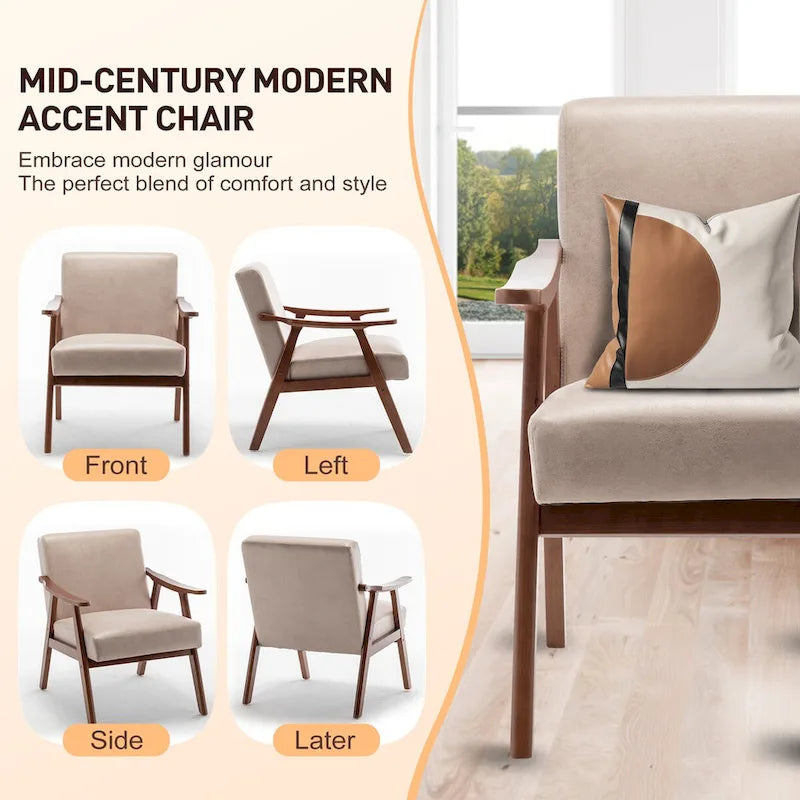 Fauteuil d'appoint Mid-Century Modern avec cadre en bois massif, lot de 1
