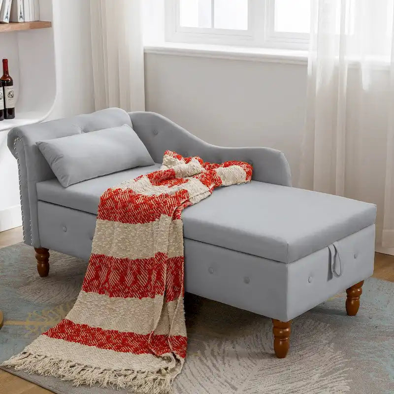 Chaise longue d'intérieur, Chaise longue en velours pour chambre à coucher avec rangement et oreiller, Chaise longue moderne rembourrée à accoudoirs roulés