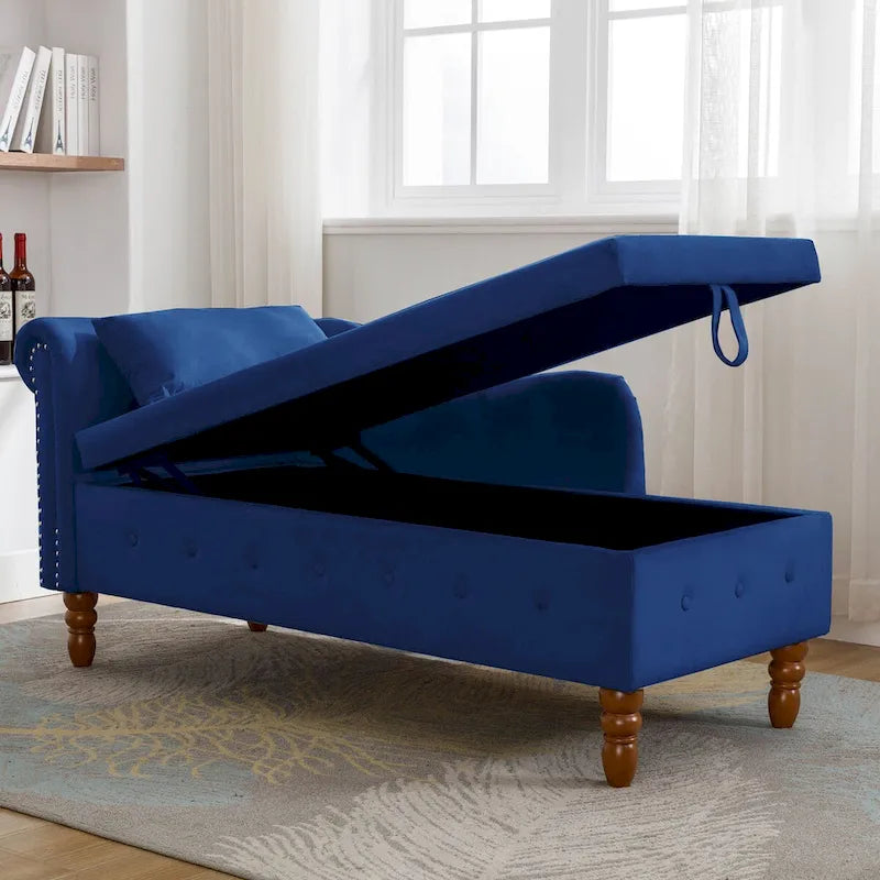Chaise longue d'intérieur, Chaise longue en velours pour chambre à coucher avec rangement et oreiller, Chaise longue moderne rembourrée à accoudoirs roulés