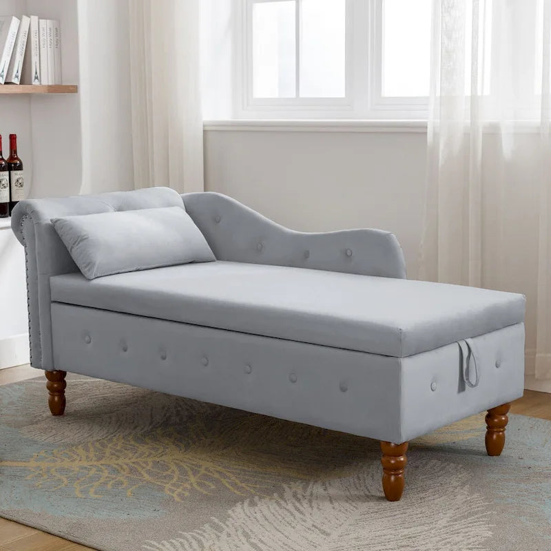 Chaise longue d'intérieur, Chaise longue en velours pour chambre à coucher avec rangement et oreiller, Chaise longue moderne rembourrée à accoudoirs roulés