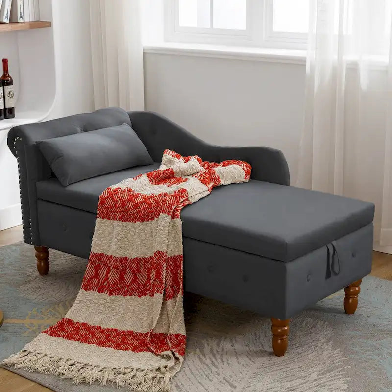 Chaise longue d'intérieur, Chaise longue en velours pour chambre à coucher avec rangement et oreiller, Chaise longue moderne rembourrée à accoudoirs roulés