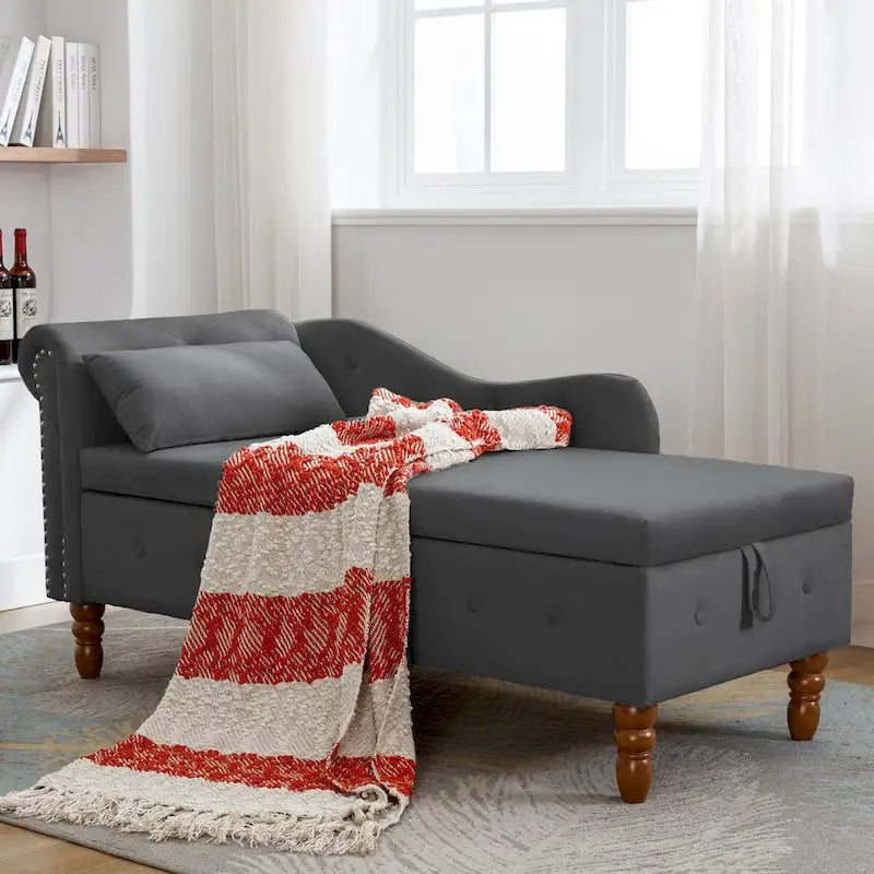 Chaise longue d'intérieur, Chaise longue en velours pour chambre à coucher avec rangement et oreiller, Chaise longue moderne rembourrée à accoudoirs roulés