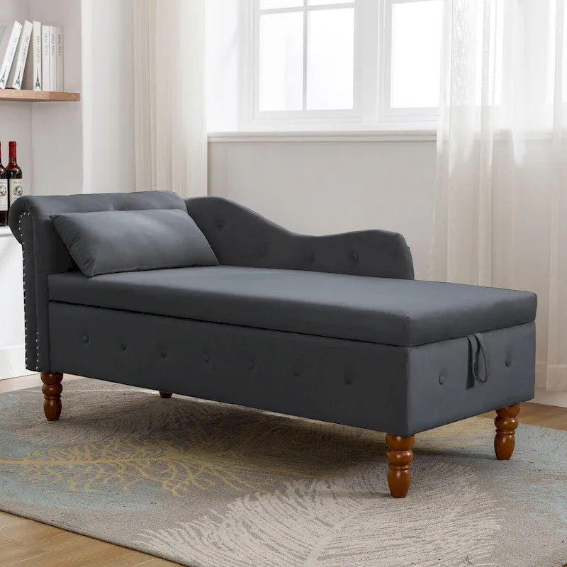 Chaise longue d'intérieur, Chaise longue en velours pour chambre à coucher avec rangement et oreiller, Chaise longue moderne rembourrée à accoudoirs roulés
