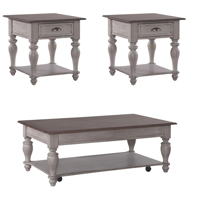 Ensemble de 3 tables basses Ocean Isle blanc antique et pin vieilli