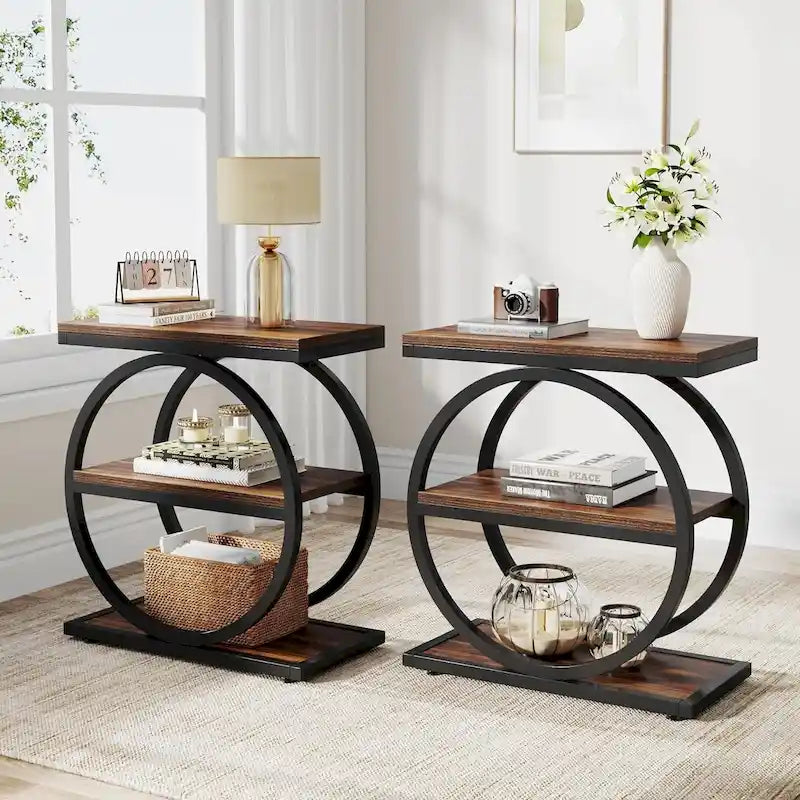 Table d'appoint avec 3 étagères de rangement, Table d'appoint étroite en bois
