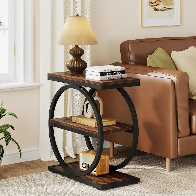 Table d'appoint avec 3 étagères de rangement, Table d'appoint étroite en bois
