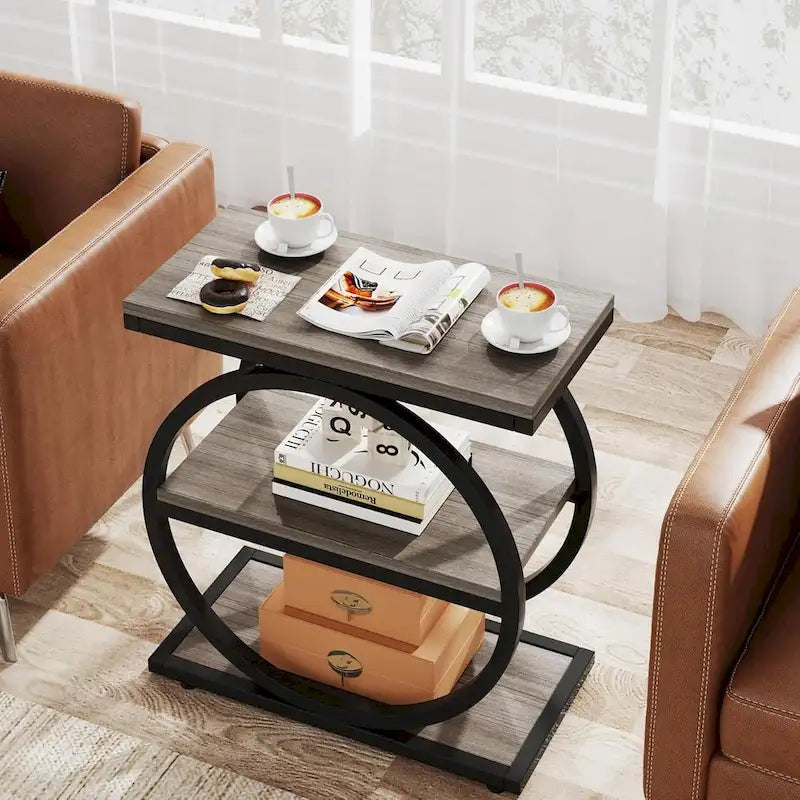 Table d'appoint avec 3 étagères de rangement, Table d'appoint étroite en bois