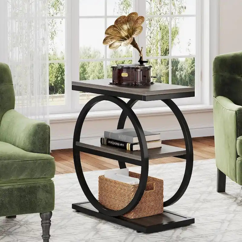 Table d'appoint avec 3 étagères de rangement, Table d'appoint étroite en bois