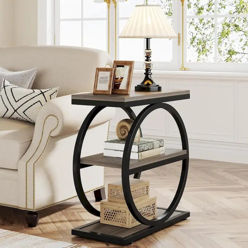Table d'appoint avec 3 étagères de rangement, Table d'appoint étroite en bois