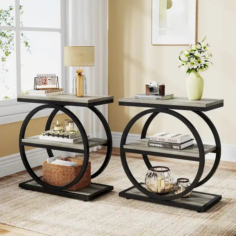 Table d'appoint avec 3 étagères de rangement, Table d'appoint étroite en bois