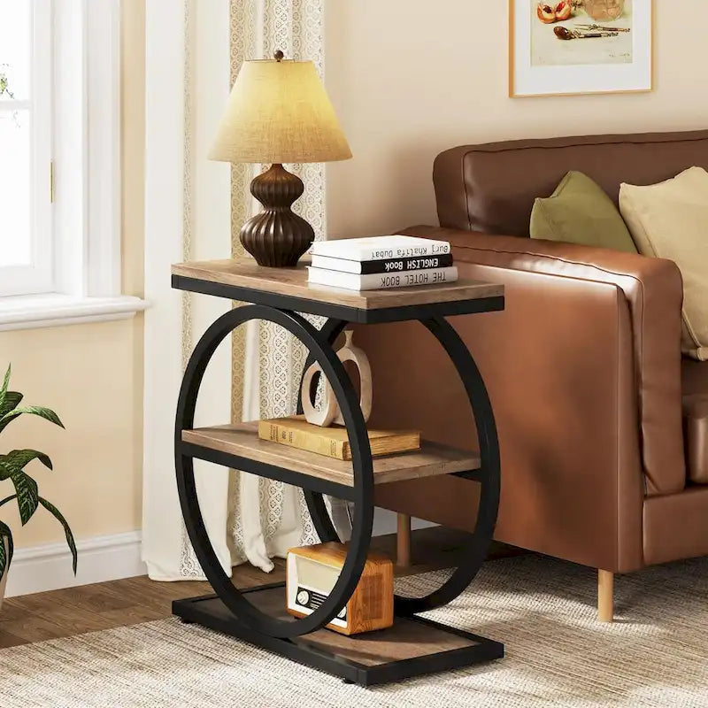 Table d'appoint avec 3 étagères de rangement, Table d'appoint étroite en bois