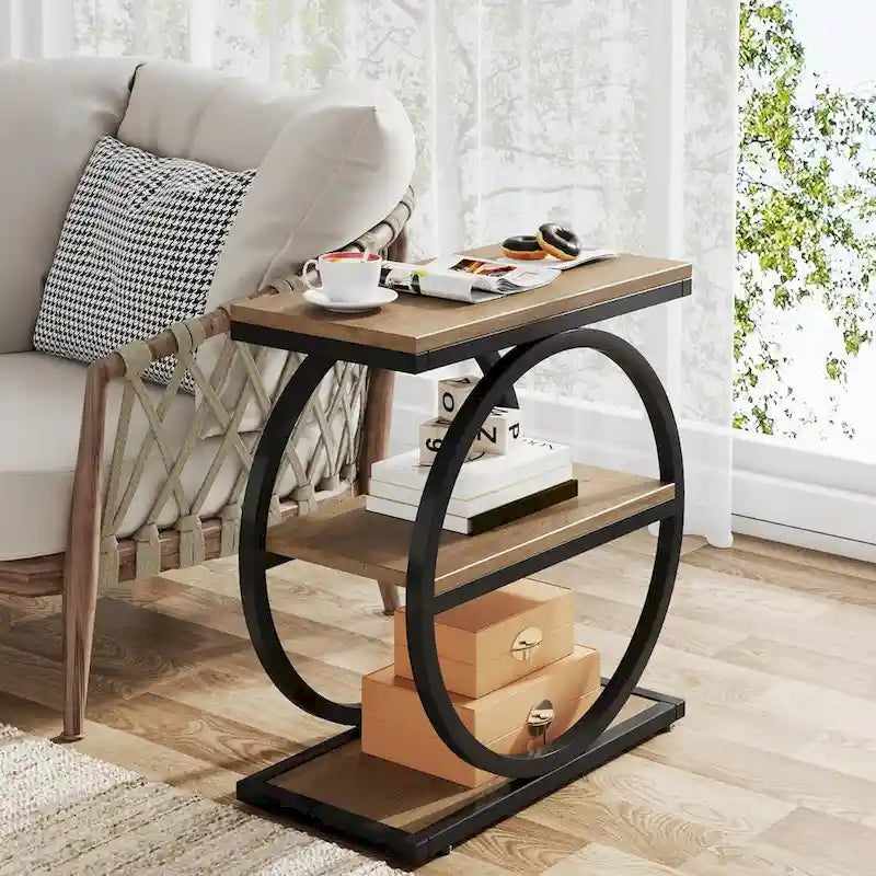 Table d'appoint avec 3 étagères de rangement, Table d'appoint étroite en bois